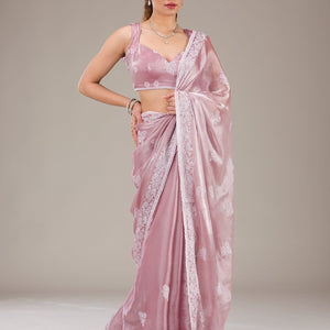 Onion Pink Threadwork Tissue Saree