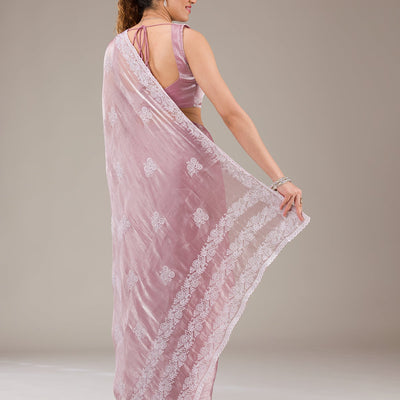 Onion Pink Threadwork Tissue Saree