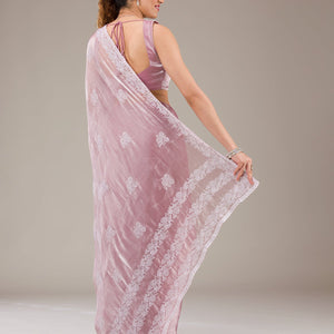 Onion Pink Threadwork Tissue Saree