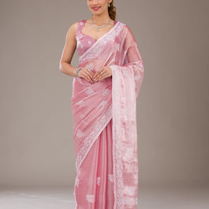 Onion Pink Threadwork Tissue Saree