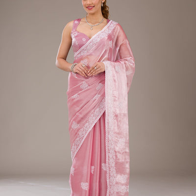 Onion Pink Threadwork Tissue Saree