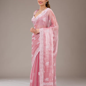 Onion Pink Threadwork Tissue Saree
