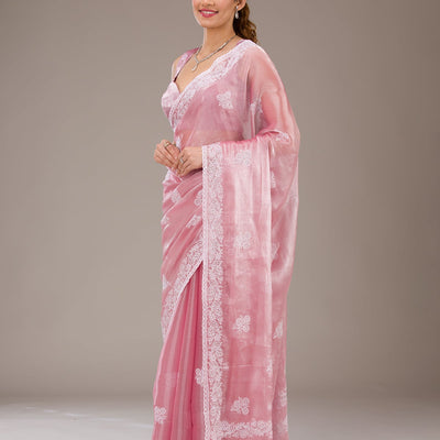 Onion Pink Threadwork Tissue Saree