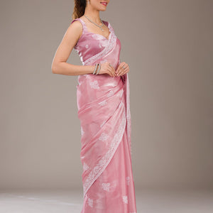 Onion Pink Threadwork Tissue Saree