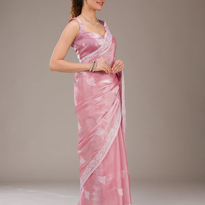 Onion Pink Threadwork Tissue Saree