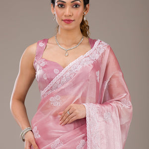 Onion Pink Threadwork Tissue Saree