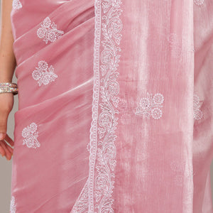 Onion Pink Threadwork Tissue Saree