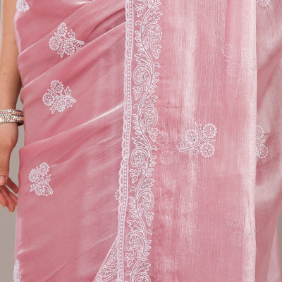 Onion Pink Threadwork Tissue Saree