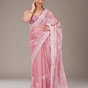 Onion Pink Threadwork Tissue Saree