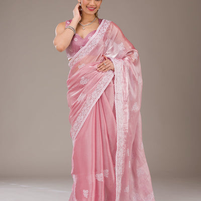 Onion Pink Threadwork Tissue Saree