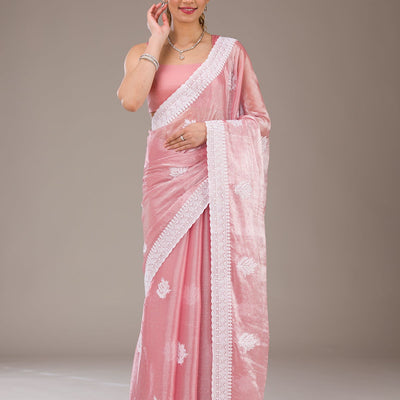 Onion Pink Threadwork Tissue Saree