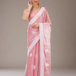 Onion Pink Threadwork Tissue Saree