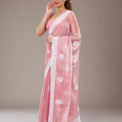 Onion Pink Threadwork Tissue Saree