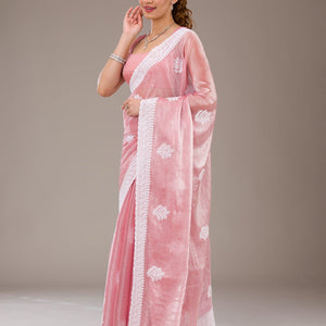 Onion Pink Threadwork Tissue Saree