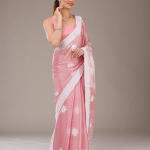 Onion Pink Threadwork Tissue Saree
