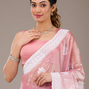 Onion Pink Threadwork Tissue Saree