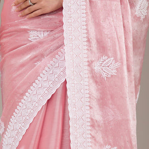 Onion Pink Threadwork Tissue Saree