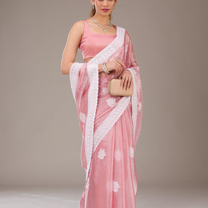 Onion Pink Threadwork Tissue Saree