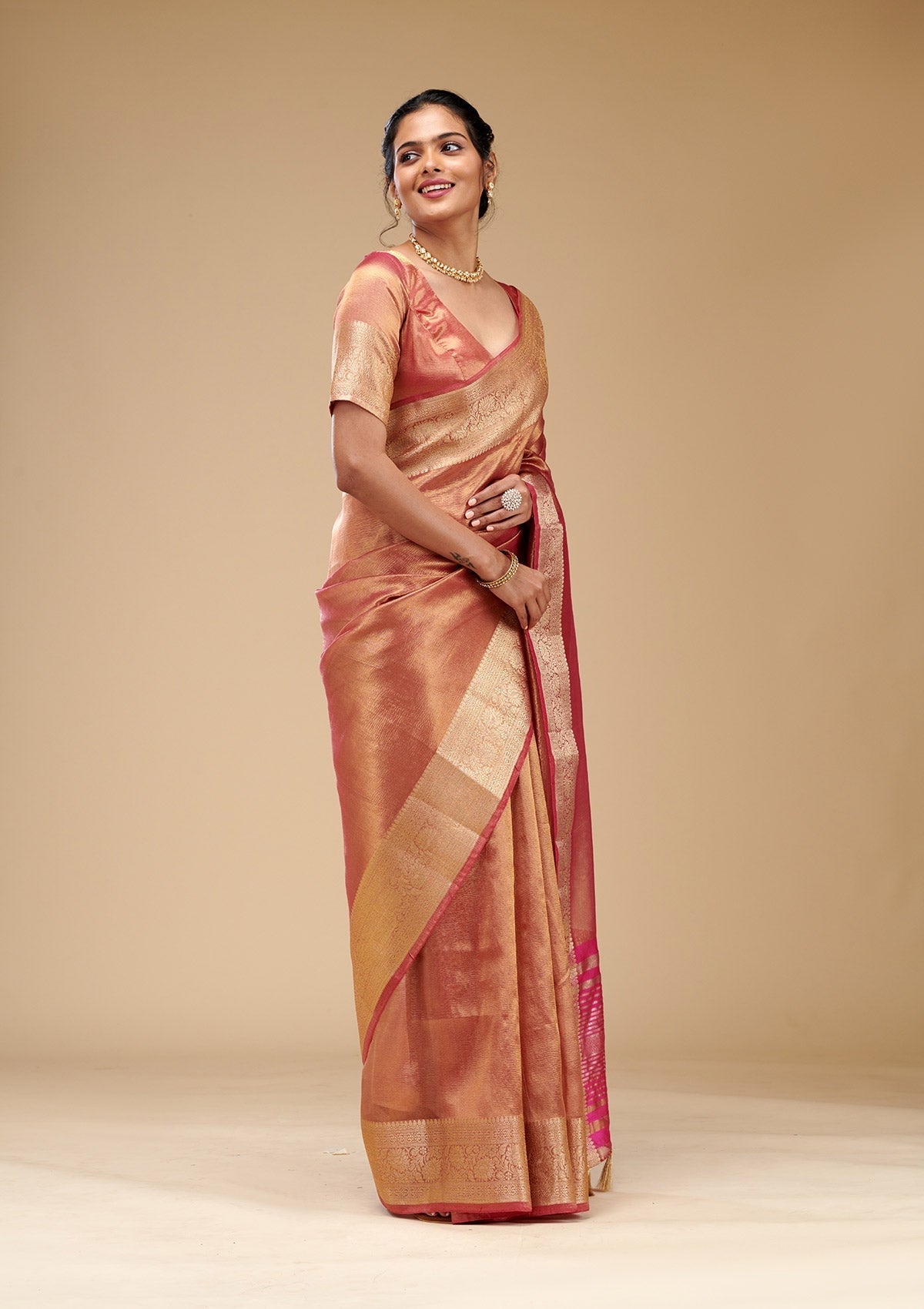 Onion Pink Zariwork Tissue Saree