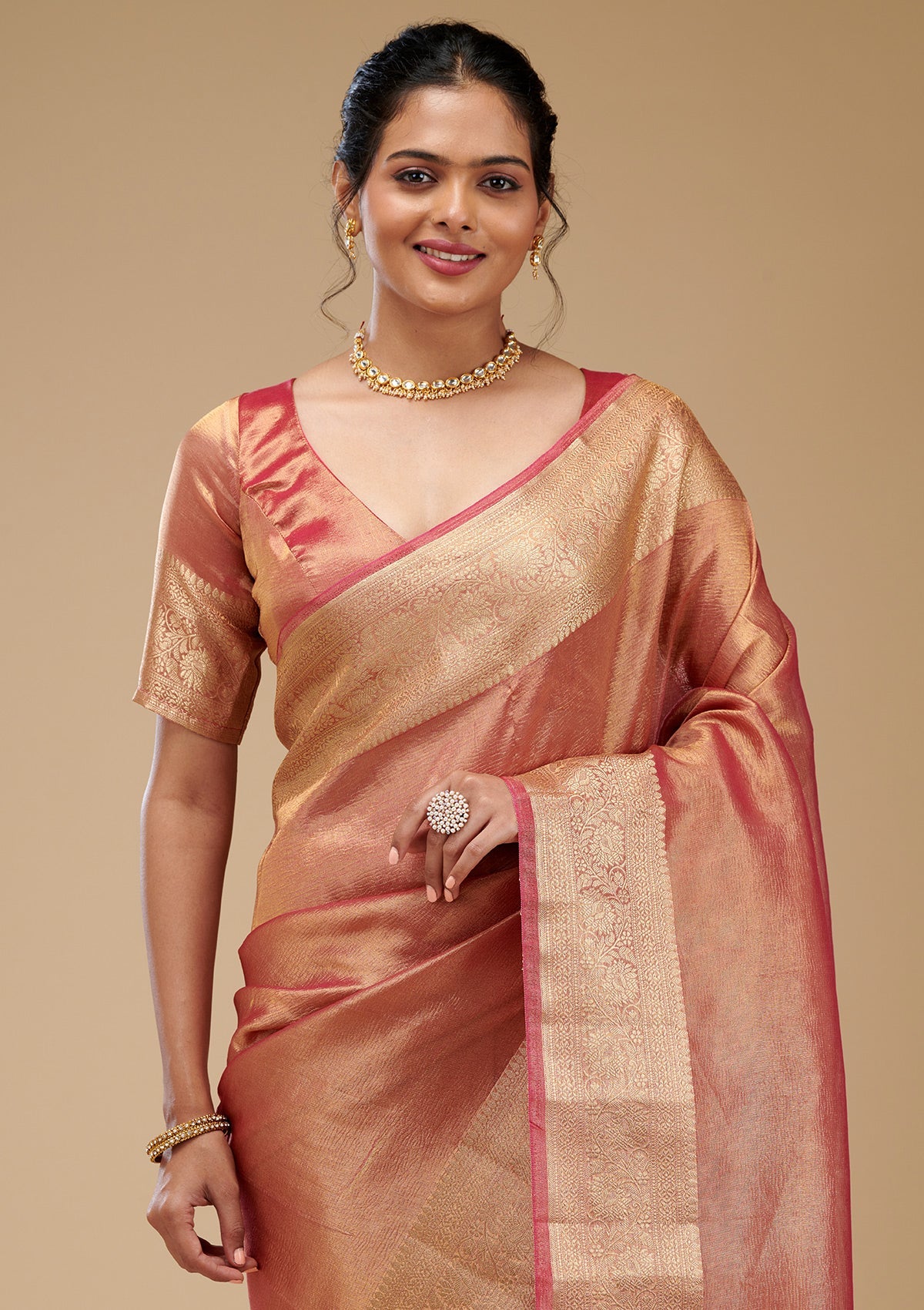 Onion Pink Zariwork Tissue Saree