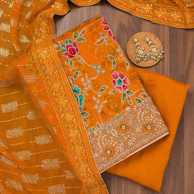 Orange Printed Semi Crepe Unstitched Salwar Suit