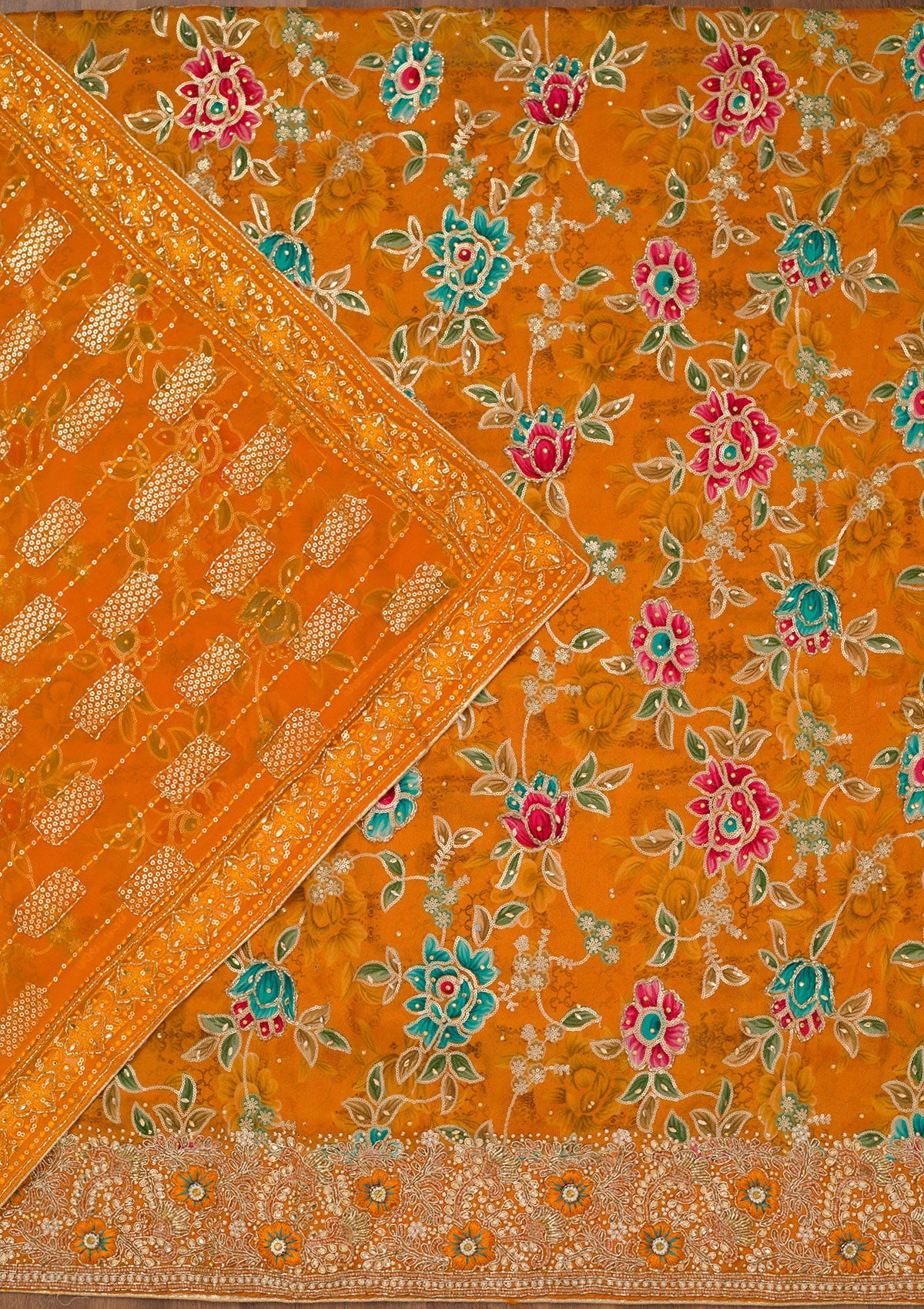 Orange Printed Semi Crepe Unstitched Salwar Suit