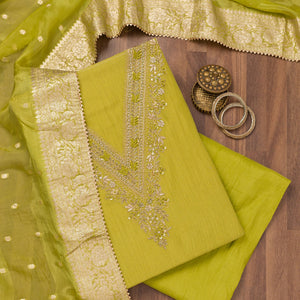 Parrot Green Zariwork Raw Silk Unstitched Salwar Suit