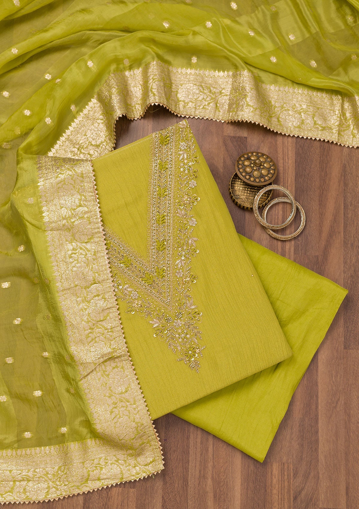 Parrot Green Zariwork Raw Silk Unstitched Salwar Suit