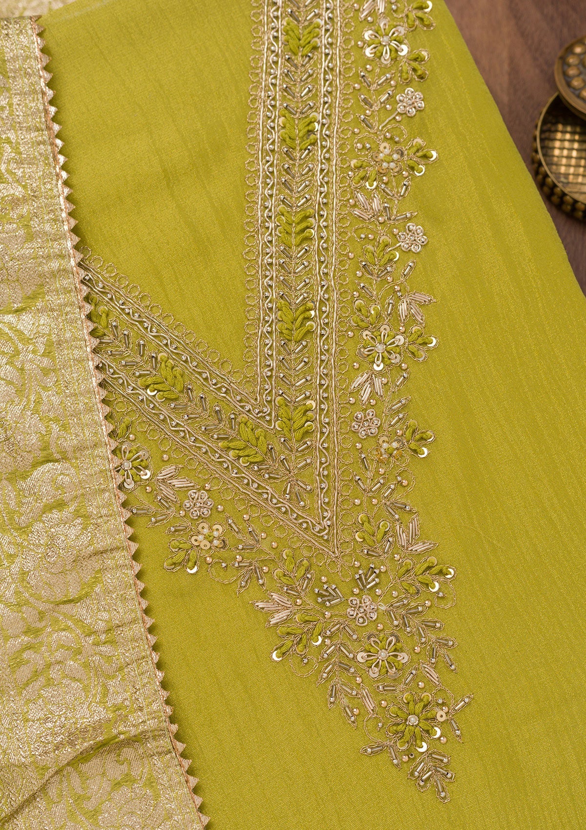 Parrot Green Zariwork Raw Silk Unstitched Salwar Suit