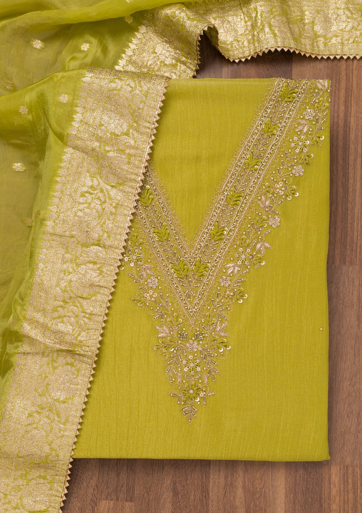 Parrot Green Zariwork Raw Silk Unstitched Salwar Suit