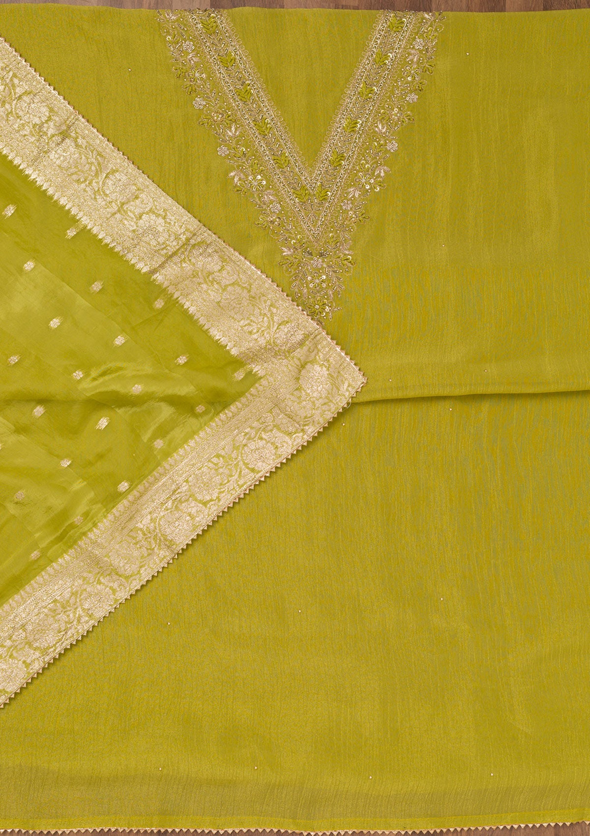 Parrot Green Zariwork Raw Silk Unstitched Salwar Suit