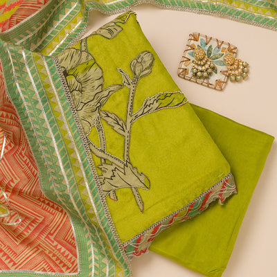 Parrot Green Printed Semi Crepe Unstitched Salwar Suit