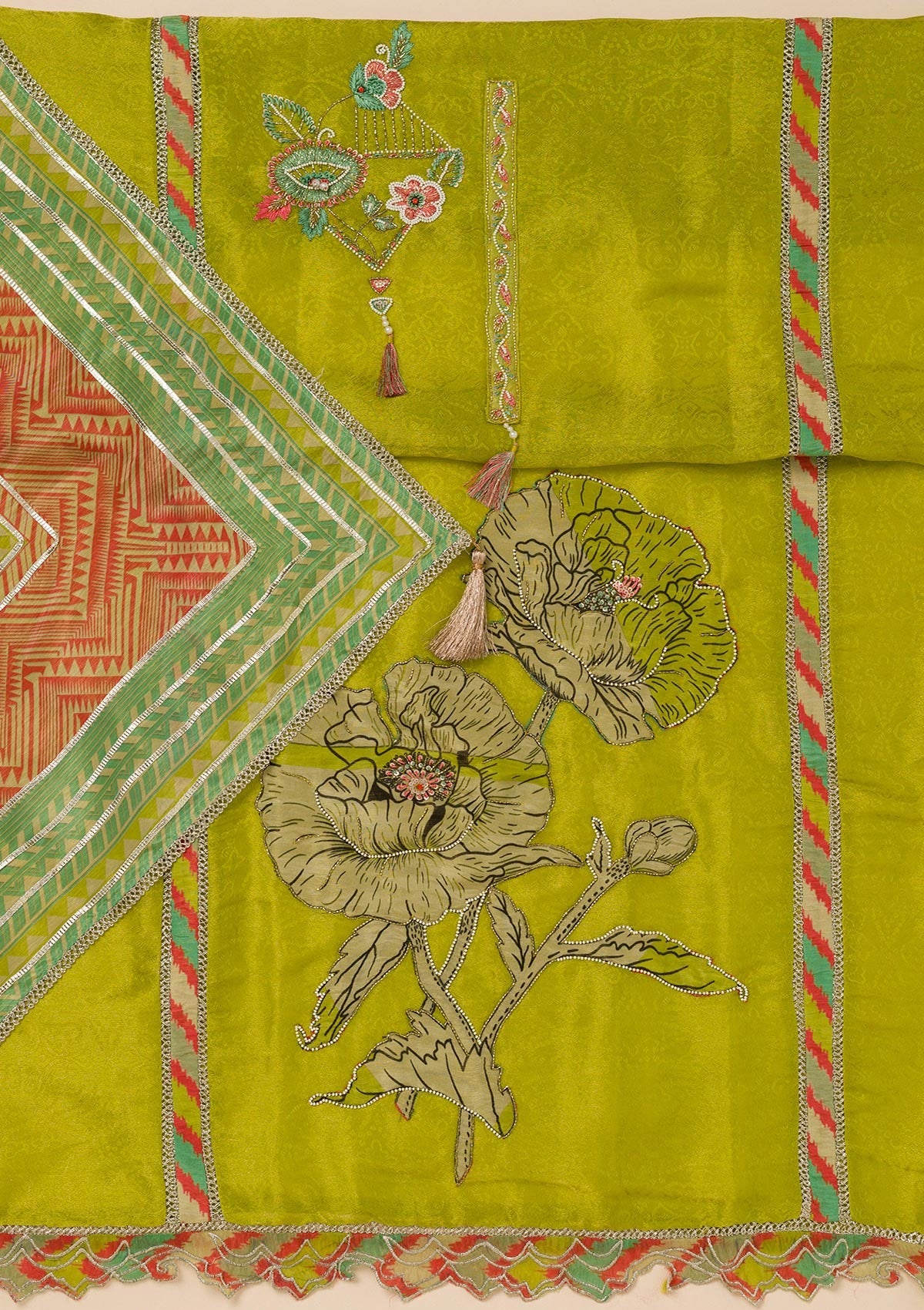 Parrot Green Printed Semi Crepe Unstitched Salwar Suit