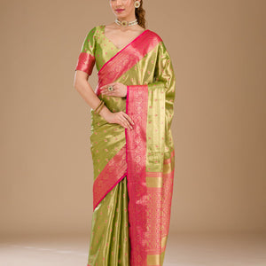Parrot Green Zariwork Tissue Saree