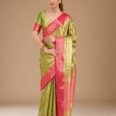 Parrot Green Zariwork Tissue Saree