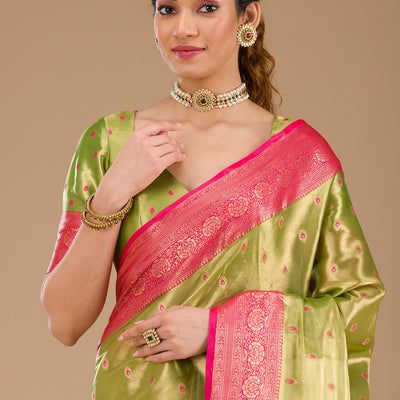 Parrot Green Zariwork Tissue Saree