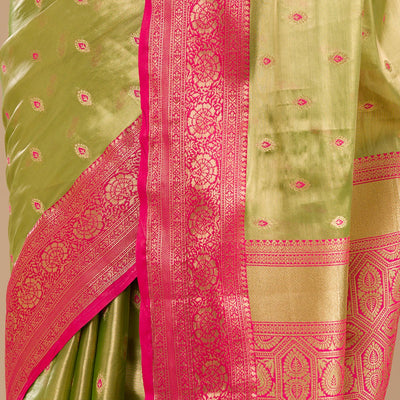 Parrot Green Zariwork Tissue Saree