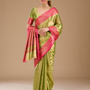 Parrot Green Zariwork Tissue Saree