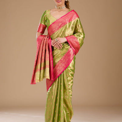 Parrot Green Zariwork Tissue Saree