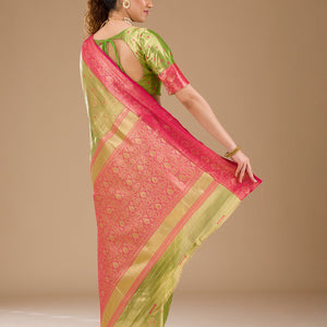 Parrot Green Zariwork Tissue Saree