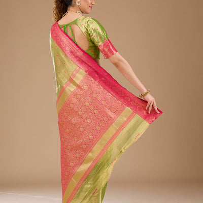 Parrot Green Zariwork Tissue Saree