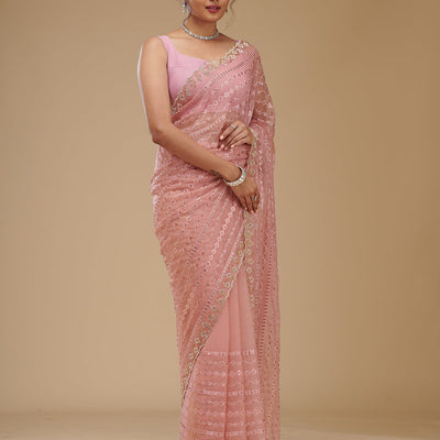Peach Cutdana Chiffon Saree