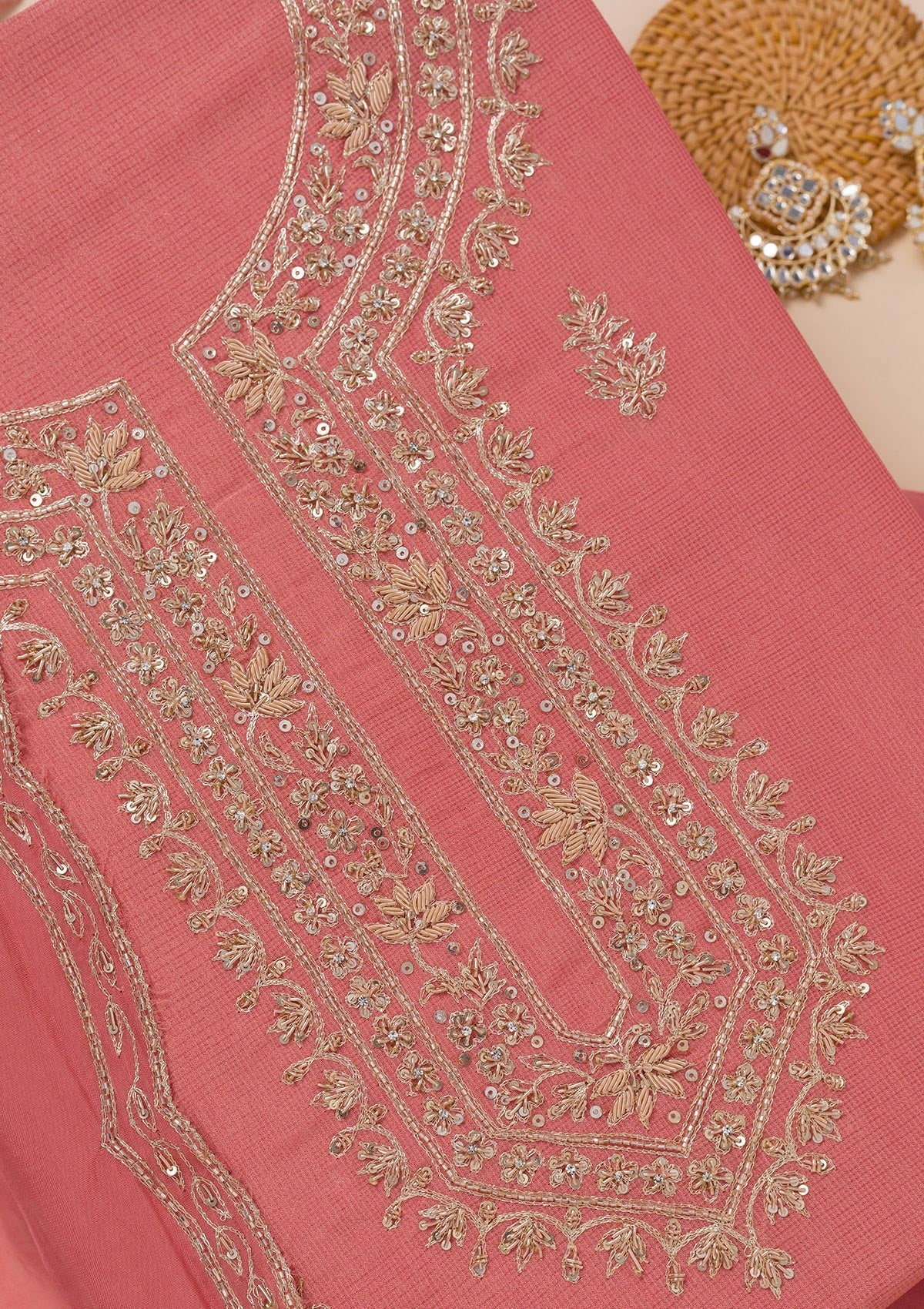 Peach Cutdana Tissue Unstitched Salwar Suit
