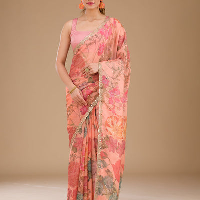 Peach Printed Tissue Saree
