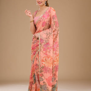 Peach Printed Tissue Saree