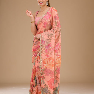 Peach Printed Tissue Saree