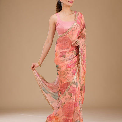 Peach Printed Tissue Saree
