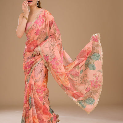 Peach Printed Tissue Saree