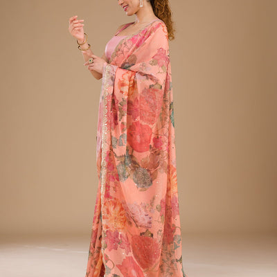 Peach Printed Tissue Saree