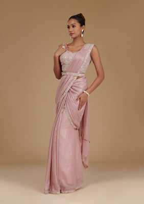 Peach Sequins Chiffon Readymade  Saree